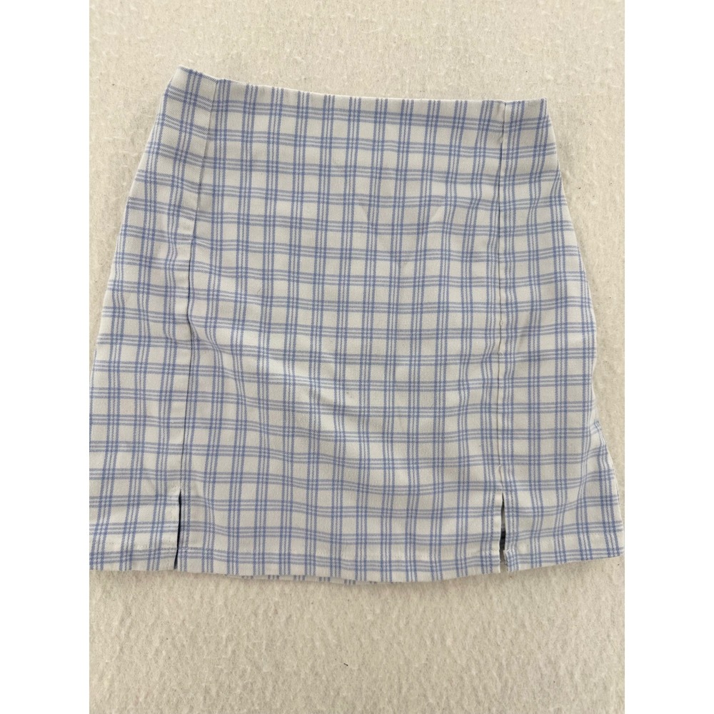 Brandy Melville - Cara Plaid Mini Skirt Two Slits - Blue/White - OS - Womens